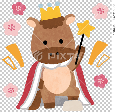 可愛的馬兒戴著皇冠和披風，2026年新年賀卡圖示插圖 132938288