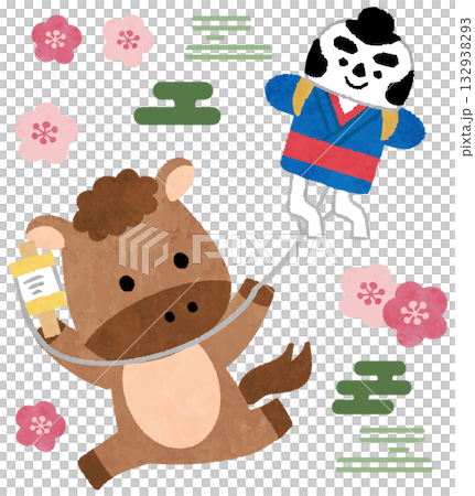 可愛的馬兒放風箏，2026年新年賀卡圖示插圖 132938293