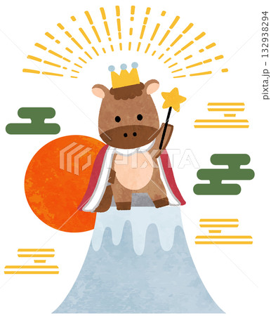 富士山の上にいるかわいい馬・午年の2026年年賀状アイコンイラスト 132938294