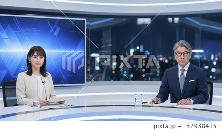 報道番組の男性と女性のニュースキャスター 132938415