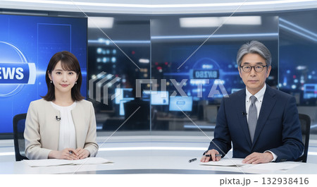 報道番組の男性と女性のニュースキャスター 132938416