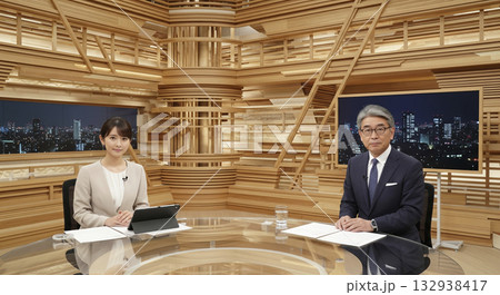 報道番組の男性と女性のニュースキャスター 132938417