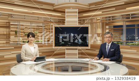 報道番組の男性と女性のニュースキャスター 132938419