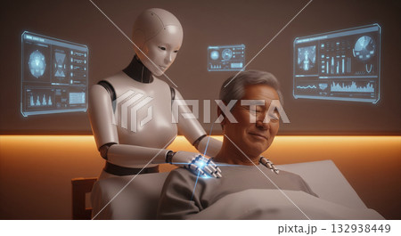 人型アンドロイドが、穏やかな笑顔の高齢者の肩を優しくマッサージ 132938449
