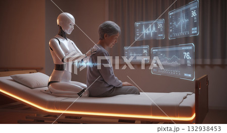 人型アンドロイドが、穏やかな笑顔の高齢者の肩を優しくマッサージ 132938453