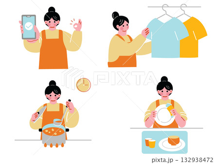家事をする女性のイラストセット 家事をする女性のイラストセット 132938472