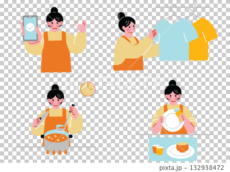 家事をする女性のイラストセット 家事をする女性のイラストセット 132938472