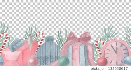 Watercolor seamless pattern New Year border with Christmas sugar candy, fir branches, gifts, clock, hat and Christmas balls. For invitations, cards, posters, seasonal decor, New year wrapping paper 132938617