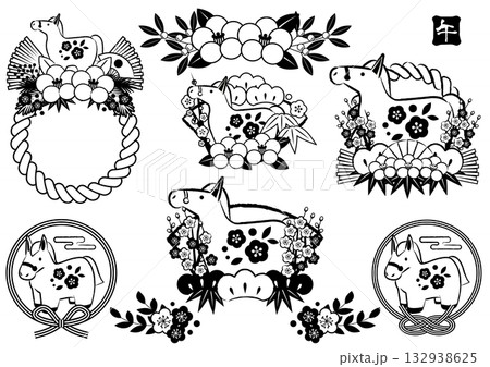 午年年賀アイコンセット、モノクロ馬、かわいい、イラスト 132938625