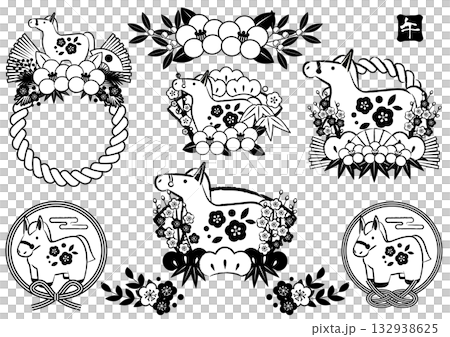 午年年賀アイコンセット、モノクロ馬、かわいい、イラスト 132938625