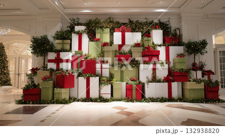 Decorative holiday gift display at a festive venue, ready for celebration 132938820