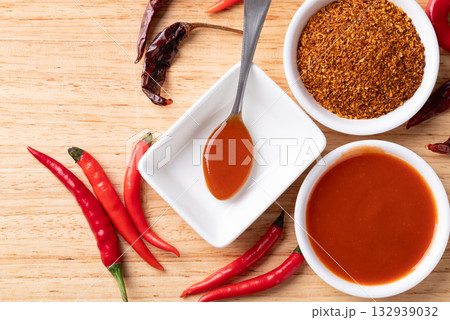 Sriracha sauce in a bowl with spoon on wooden background, Chili sauce, Table top view 132939032
