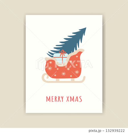 Christmas card with a Christmas tree in a winter sleigh and gifts. Minimalistic vector design. Ready-made template for a festive poster, print, or invitation. 132939222