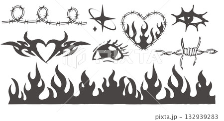 Y2k geometric elements border set, heart with flame, barbed wire, grid pattern. Groovy cyber retro design elements. Y2k geometric elements border set, heart with flame, barbed wire, grid pattern. Groovy cyber retro design elements. 132939283