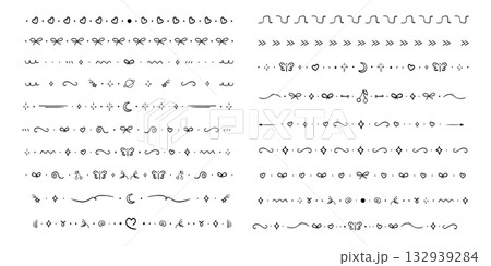 Line divider, cute border collection hand drawn elements separator. Set geometric doodle frames with bows, hearts, moon. Stars and geometric shapes. Lace horizontal decoration. Line divider, cute border collection hand drawn elements separator. Set geometric doodle frames with bows, hearts, moon. Stars and geometric shapes. Lace horizontal decoration. 132939284