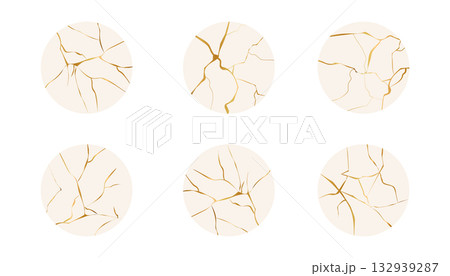 Golden cracks effect circles in japanese kintsugi art mosaic style. Luxury marble stone. Broken porcelain gold fissures. Marble texture. Luxury design for wedding card, social media. 132939287