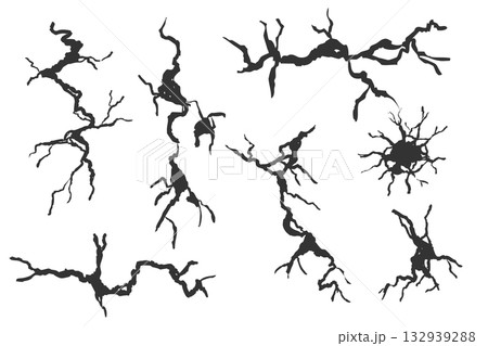 Crack wall, ground texture breaks on land surface. Ground fissure line sketch set. Crash fracture, land damage, earthquake 132939288