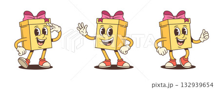 Three Friendly Gift Box Cartoon Characters Gesture Collection Vector Illustration 132939654
