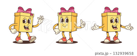 Three Welcoming Gift Box Cartoon Characters Communication Gestures Vector Set Three Welcoming Gift Box Cartoon Characters Communication Gestures Vector Set 132939658