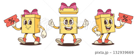 Three Festive Gift Box Cartoon Characters Holding Discount Coupons Vector Set 132939669
