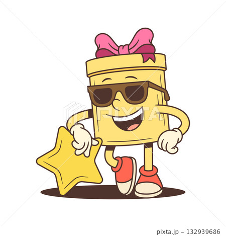 Cheerful Yellow Gift Box Cartoon Character Leaning On Gold Star Vector Illustration 132939686