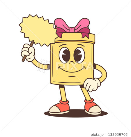 Cheerful Cartoon Box Character Holding Blank Sign Vector Illustration 132939705