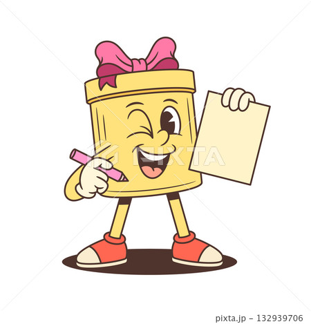 Playful Cartoon Gift Box Character With Pencil And Paper Vector Illustration 132939706