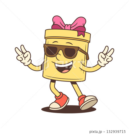 Cool Cartoon Gift Box Character Wearing Sunglasses And Showing Victory Sign Vector Illustration 132939715