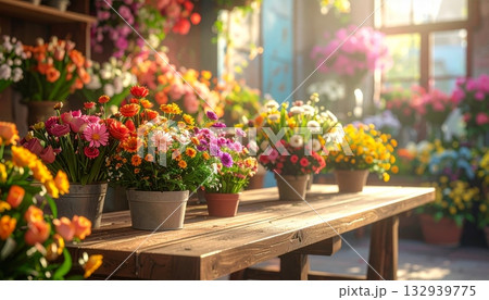 Colorful tulip flowers blooming in a spring garden with green leaves and grass 132939775