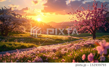 Burning sunset sky over an orange autumn forest fire landscape 132939793
