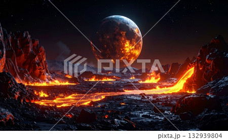 Burning global planet sphere in sunset sky with atmospheric light and fire warming 132939804