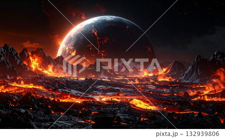 Burning global planet sphere in sunset sky with atmospheric light and fire warming 132939806