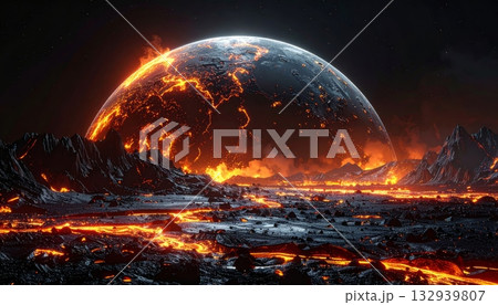 Burning global planet sphere in sunset sky with atmospheric light and fire warming 132939807