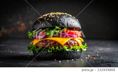 Tasty cheeseburger with beef, lettuce, and tomato on a sesame bun, isolated on a black background Tasty cheeseburger with beef, lettuce, and tomato on a sesame bun, isolated on a black background 132939808