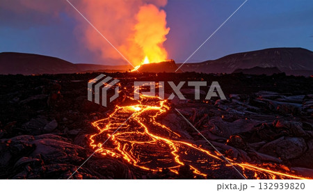 Mountain forest blaze with red-orange flames, wood burning hot at night Mountain forest blaze with red-orange flames, wood burning hot at night 132939820