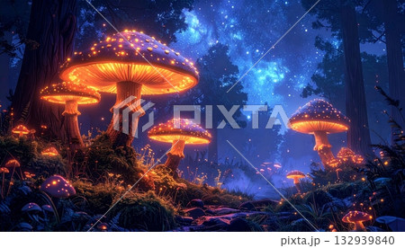 Orange flames from the hot campfire light up the dark night sky in the forest landscape Orange flames from the hot campfire light up the dark night sky in the forest landscape 132939840
