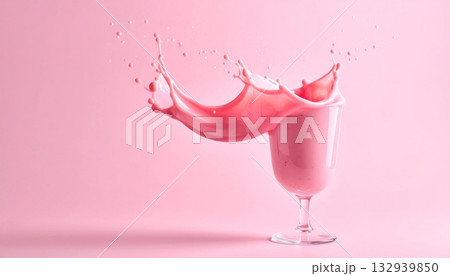 Red strawberry cocktail with ice in a glass, a cold, fresh, sweet, and healthy berry fruit drink 132939850