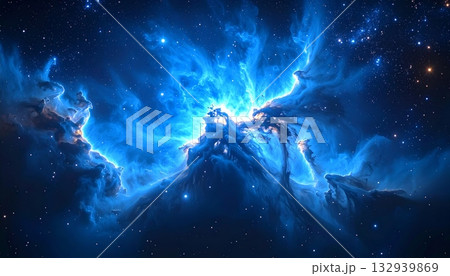 Man and woman observe the fantasy nebula of the deep blue night sky with stars and planets in the abstract universe 132939869