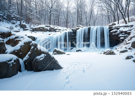 冬の滝と氷の造形が美しい自然風景 132940083
