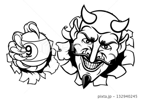 Devil and 9 Ball Nine Ball Pool Cartoon Mascot 132940245