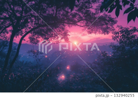 A vibrant sunset over a misty landscape with trees. Concept of nature and tranquility. A vibrant sunset over a misty landscape with trees. Concept of nature and tranquility. 132940255