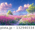 Beautiful spring landscape with purple sky and pink flowers. 3d rendering 132940334