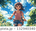 Cute little girl riding a bicycle in the park. 3d rendering 132940340