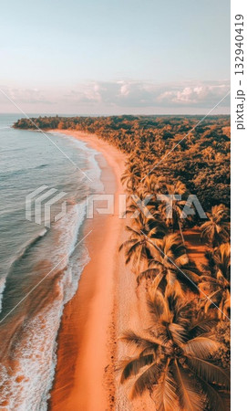 Aerial view of beautiful tropical beach and sea with coconut palm tree - Vintage Filter 132940419