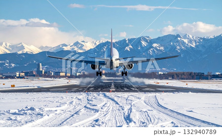 Austrian Alps ski resort winter landscape with snow-covered peaks, chairlift, and bright blue sky 132940789