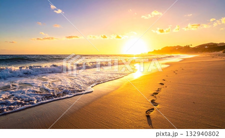 Summer sunset sky reflects on the ocean waves, sand, and coast landscape during a beautiful evening travel dusk 132940802