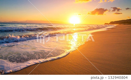 Summer sunset sky reflects on the ocean waves, sand, and coast landscape during a beautiful evening travel dusk Summer sunset sky reflects on the ocean waves, sand, and coast landscape during a beautiful evening travel dusk 132940804