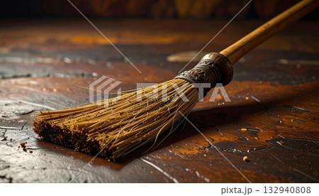 Cleaning wooden floor with straw broom and shovel on a wood background Cleaning wooden floor with straw broom and shovel on a wood background 132940808