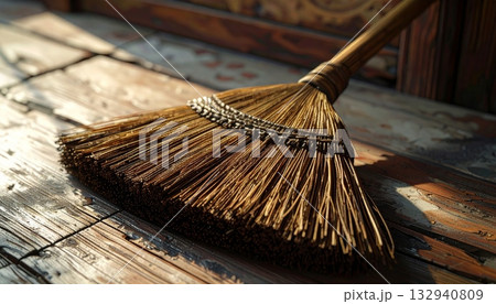 Cleaning wooden floor with straw broom and shovel on a wood background 132940809