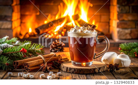 Close-up of a hot Christmas mulled wine drink in a glass with cinnamon sticks and winter spices Close-up of a hot Christmas mulled wine drink in a glass with cinnamon sticks and winter spices 132940833